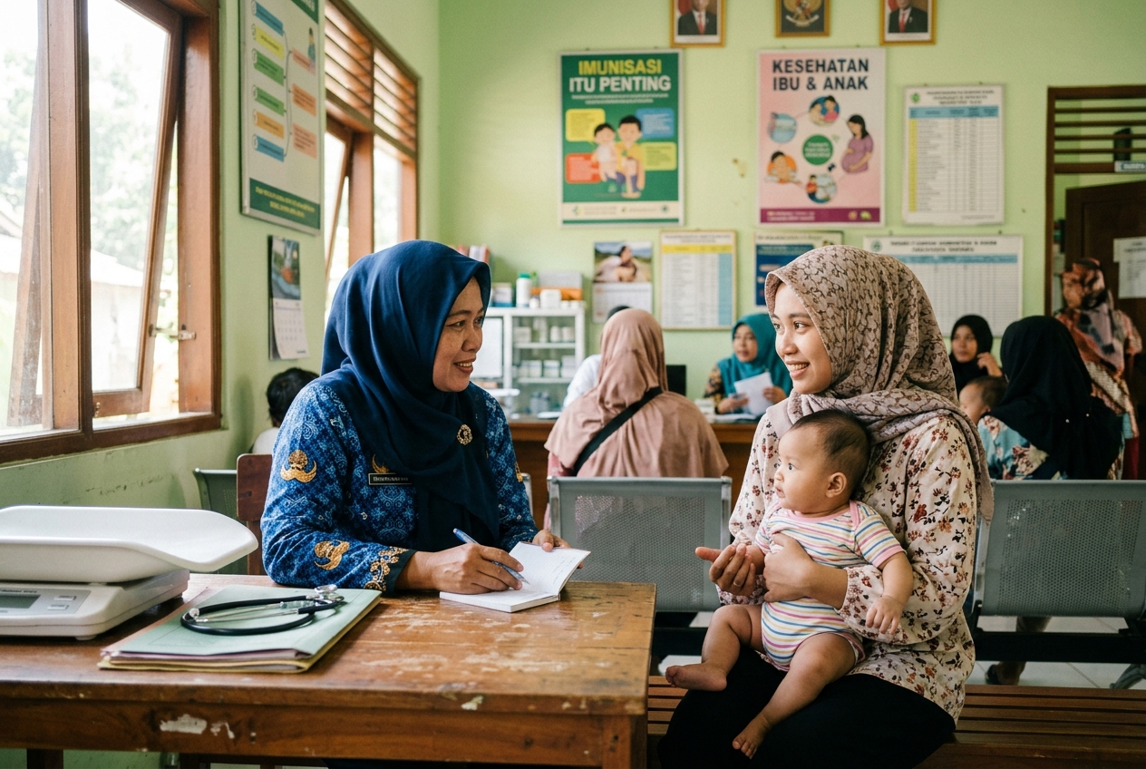 UX researchers conducting fieldwork interview inside rural health post