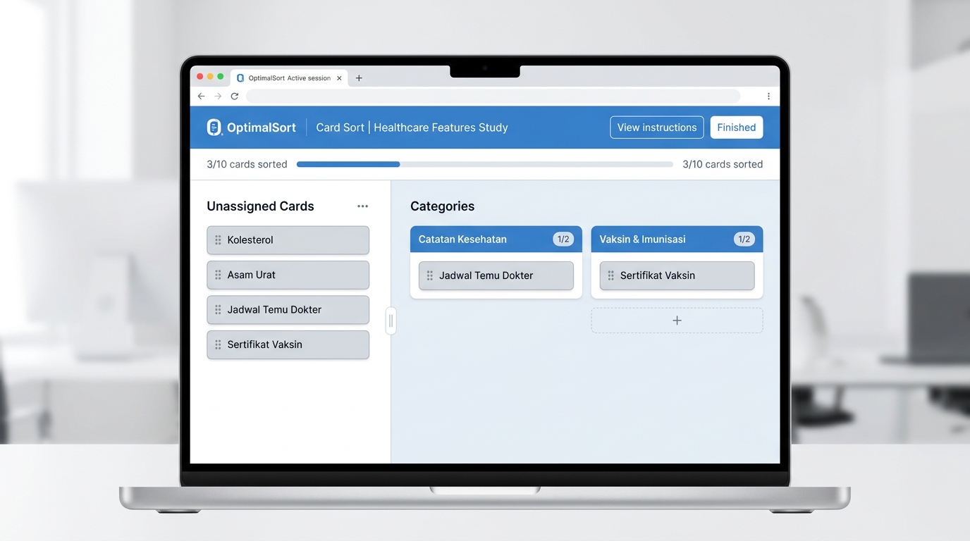 OptimalSort Card Sorting Session Activity (Healthcare App Features)