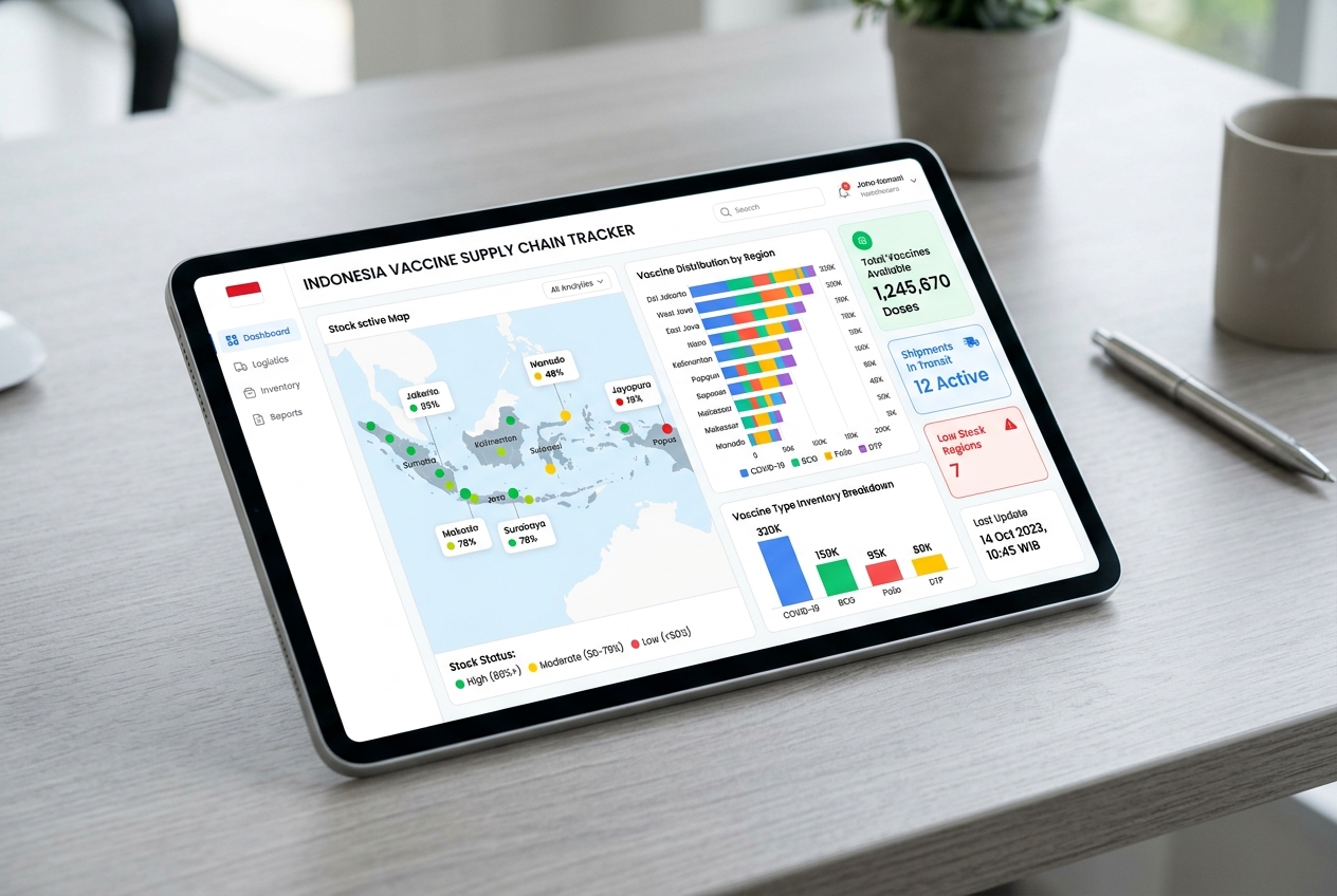 Vaccine supply chain dashboard mockup on tablet screen
